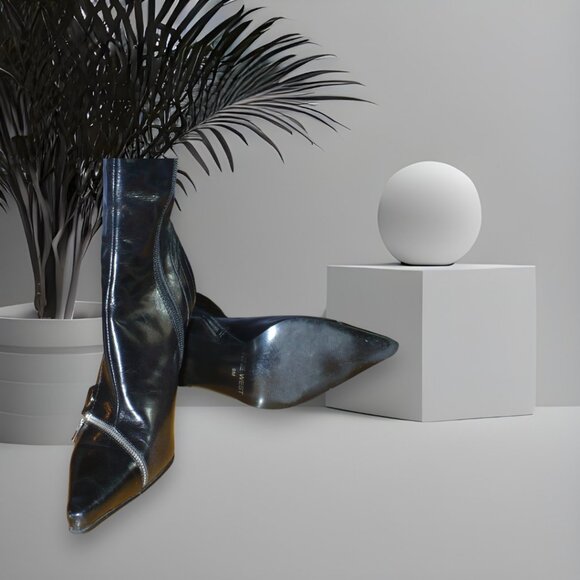 Nine West Black Leather Pointed Toe Ankle Boots Awesome Zipper Accents| SZ US 9M - Picture 2 of 5